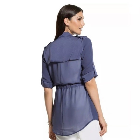 CHICOS Sheer Back Jacket Women's 2 Large Blue Roll Tab Sleeve Full Zip - Picture 7 of 9